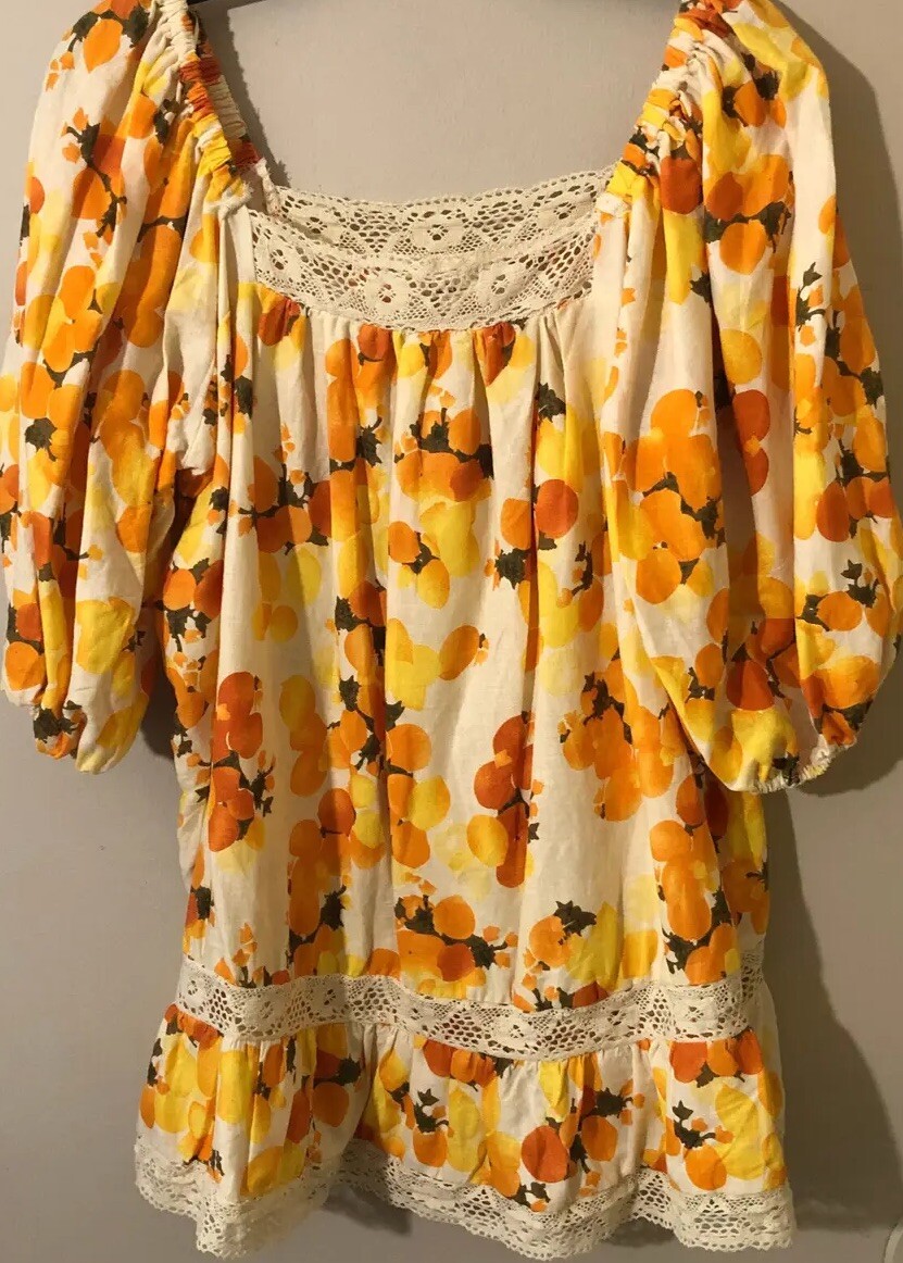 Artelier Nicole Miller Linen-Blend Tunic Crochet Blouse Top Floral Fruit Print M