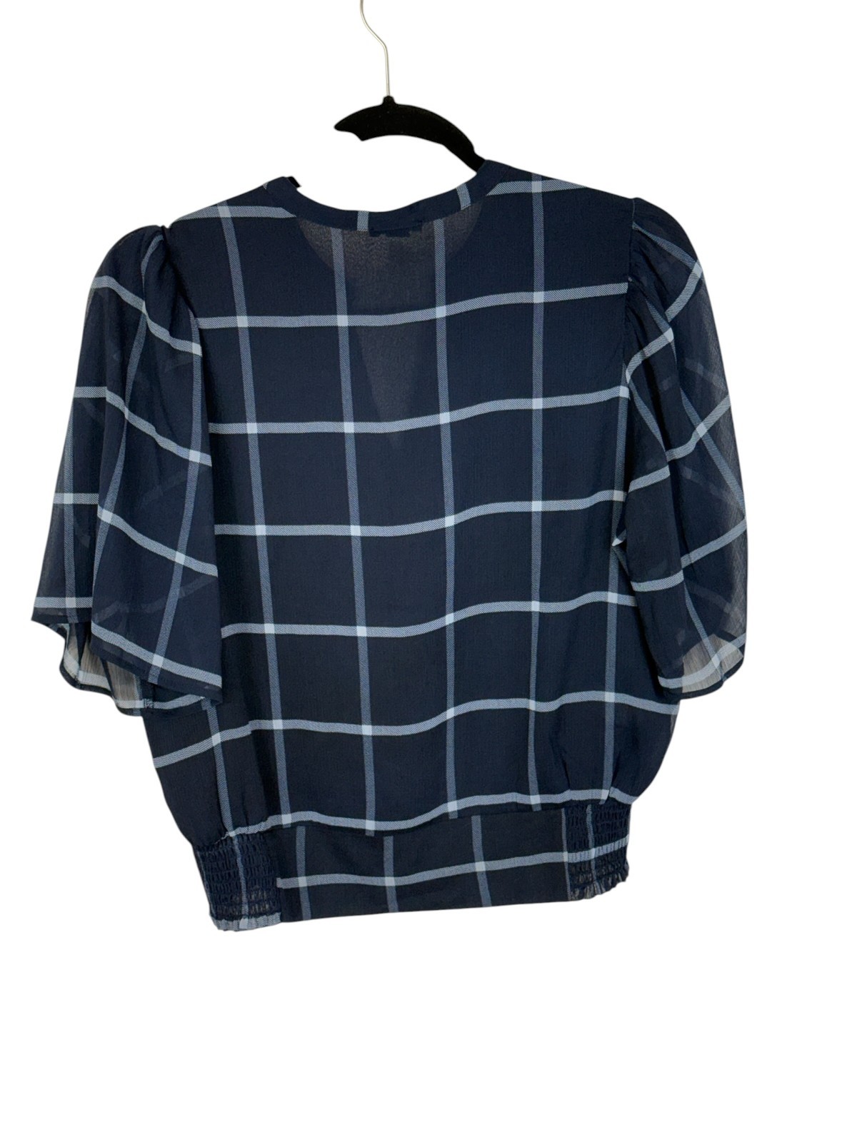 Ann Taylor blouse size S navy window pane plaid semi sheer lined office casual