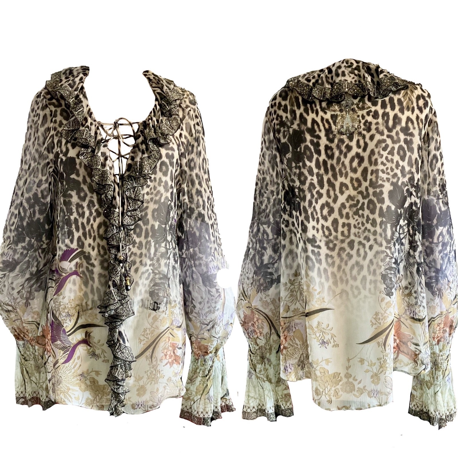 Camilla Size S Crystal Embellished Silk Chiffon Nomadic Nymph Lace Up Blouse