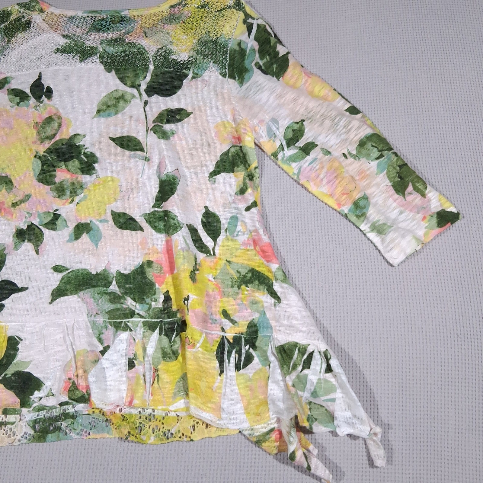 Melissa Paige Petite Floral Lace Yoke Ruffle Top Green Yellow Rose Cottagecore