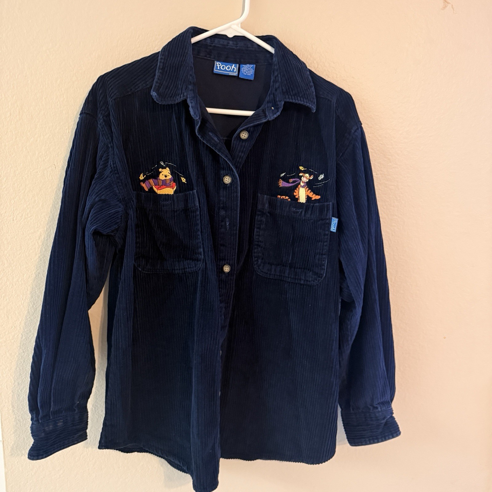 Vintage 90s Embroidered POOH Disney Long Sleeve Button Top Sz m Corduroy Blue