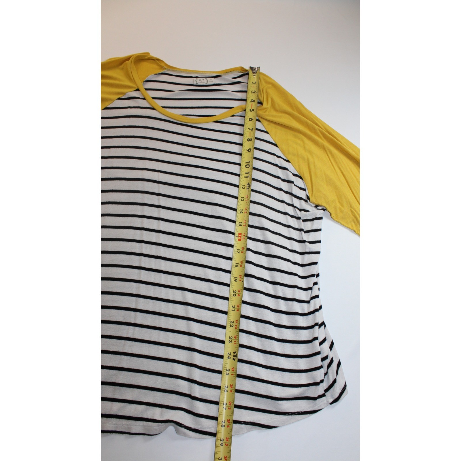 Maurices 24/7 Womens 2X Raglan Baseball Tee Striped Mustard Yellow Black White