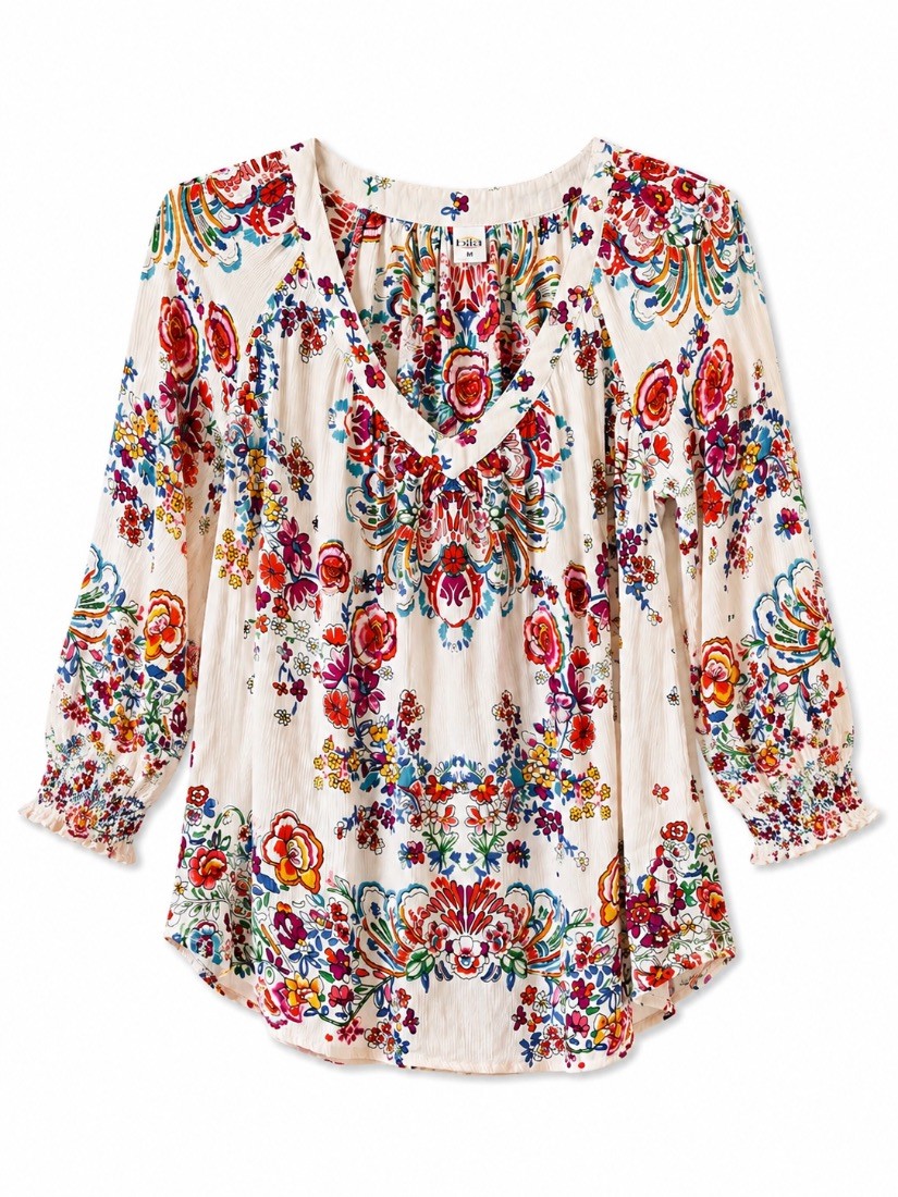 Bila Womens Floral Boho Peasant Blouse Top Cream 100% Rayon 3/4 Sleeve M