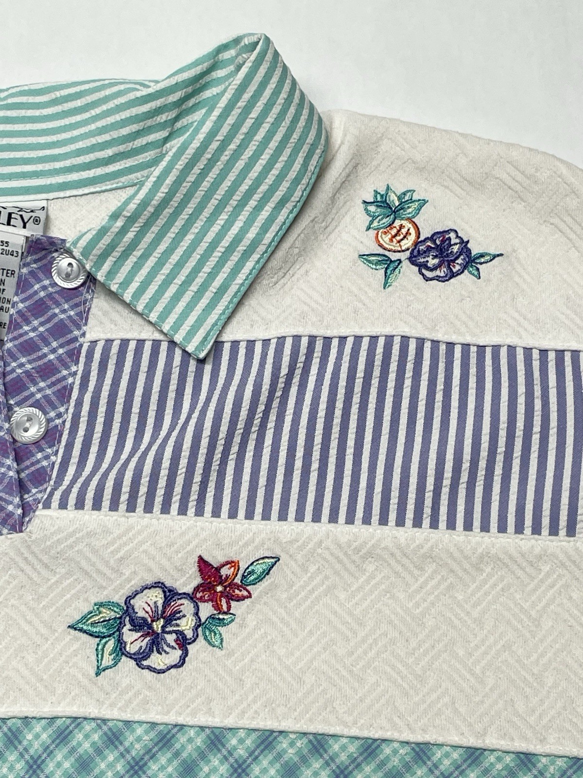 VTG Textured Knit Striped Floral Embroidered Banded Top L 80s 90s Grandma Spring