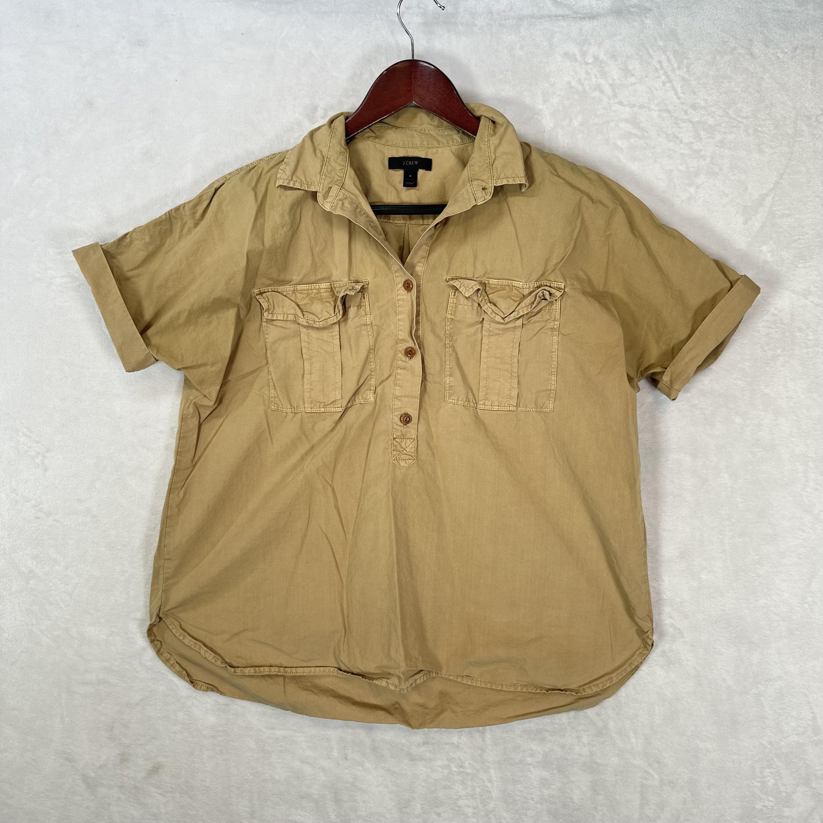 J Crew Shirt Womens 4 Beige 100% Cotton Short Sleeve Popover Safari Utility Boxy
