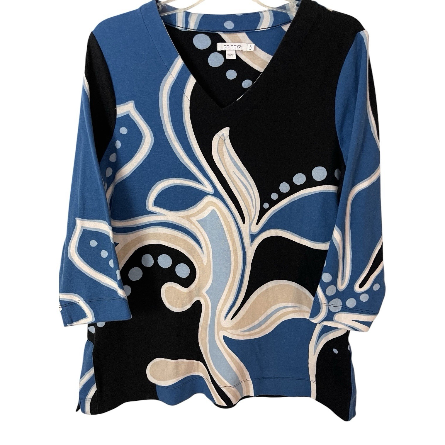Chicos Top XL Blue Multi Abstract Swirl 100% Pima Cotton V Neck Stretch Artsy
