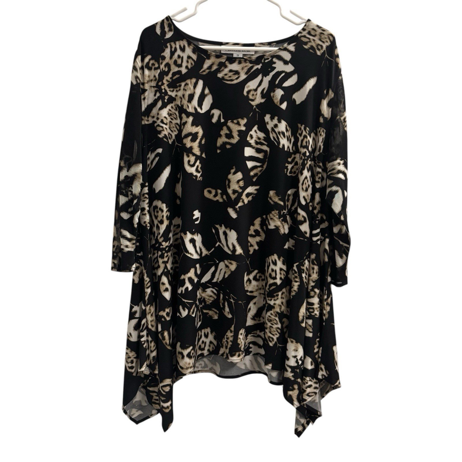 1X Caroline Rose Tunic Asymmetrical Hem Leopard Animal Print Mesh Sleeves