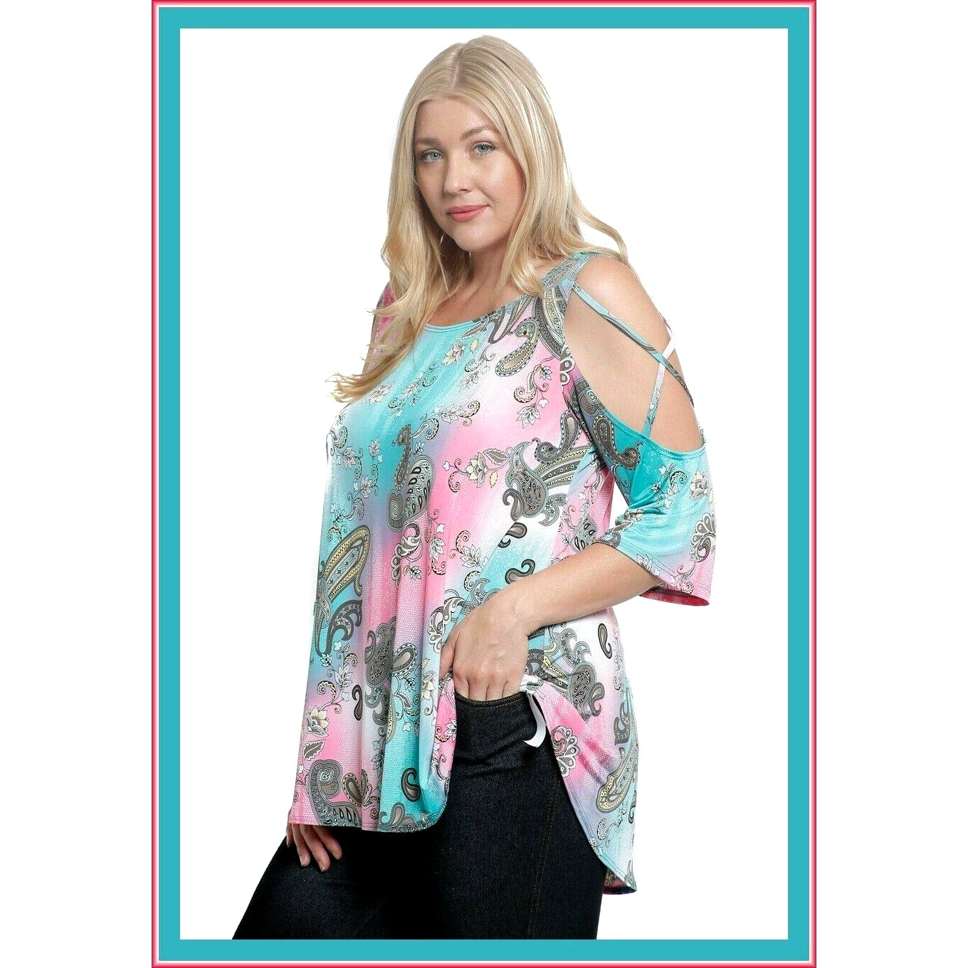 Voll Sexy BOHO PAISLEY TUNIC TOP PINK TURQUOISE FLORAL COLD SHOULDER S M L