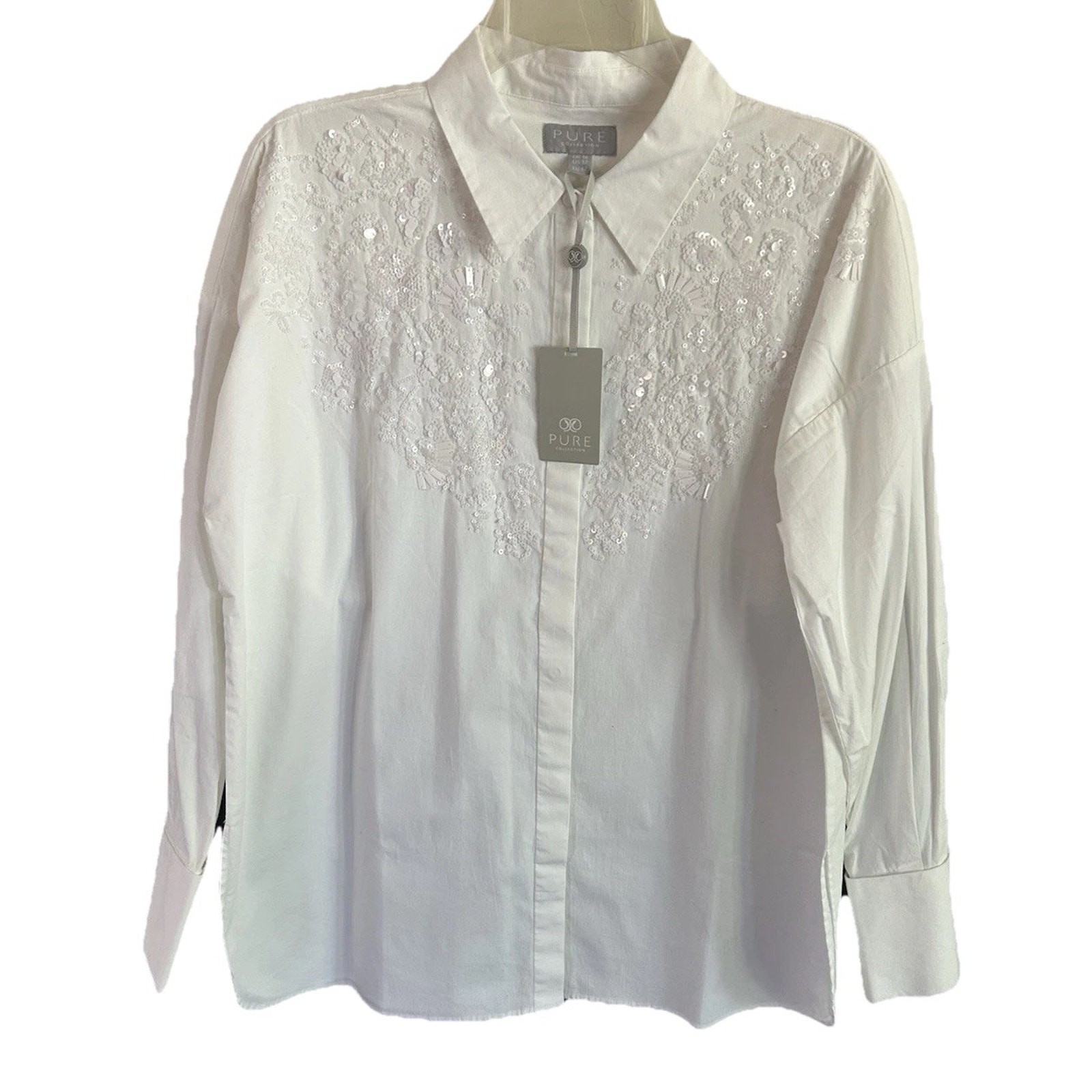 Pure Collection Womens US 12 White Embellished Sequin Cotton Button Shirt NWT