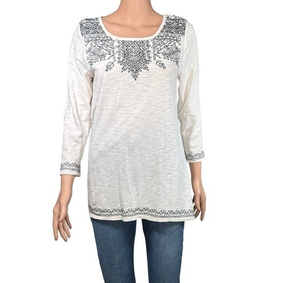 Lucky Brand Womens Ivory Black Embroidered Long Sleeve Tunic Top Large Boho Slub