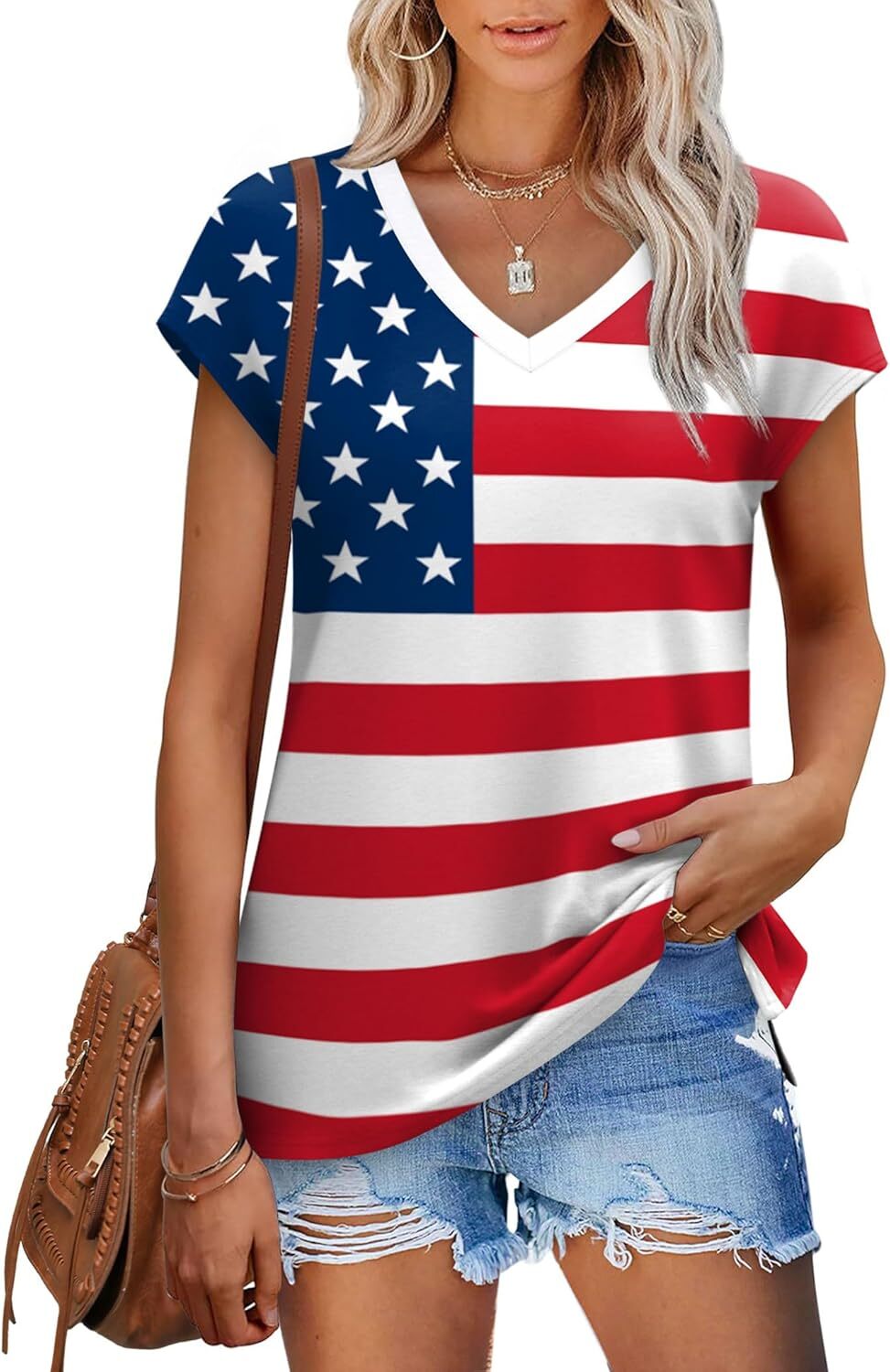 Women’s V Neck Summer T Shirt Cap Sleeve Loose Fit Lightweight Casual Top