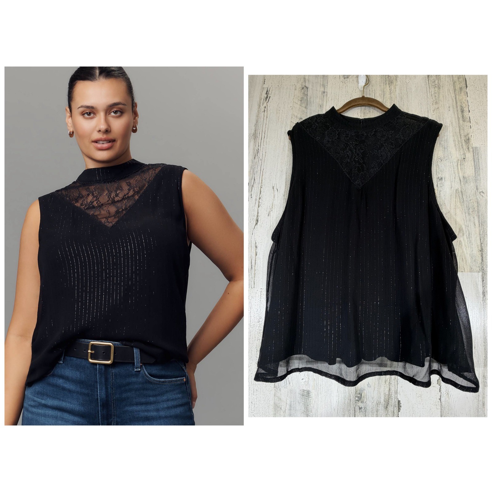 Bl^nk London Vitalia Top 2X Black Metallic Stripes Lace Mock Neck Sleeveless NWT