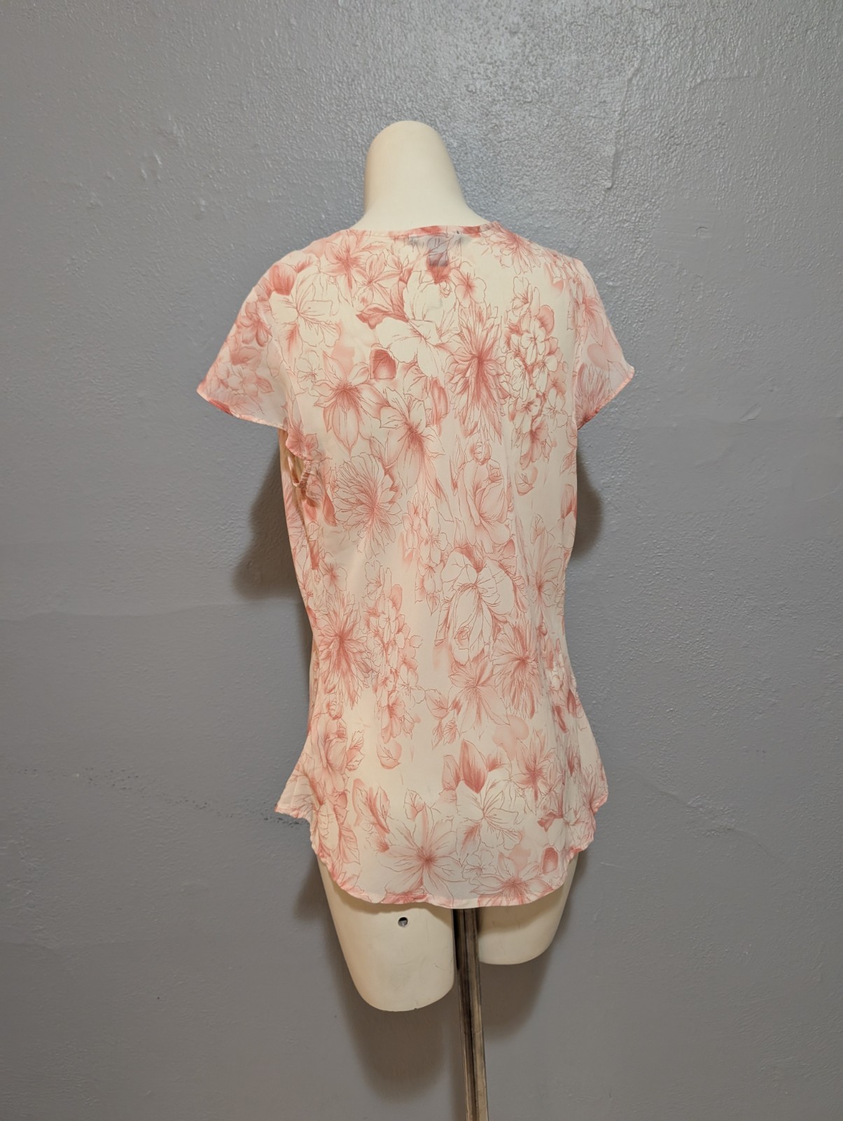 Vintage Cottage Core Top L Flower Print Pink White Deep Scoop Neck Flutter Fairy