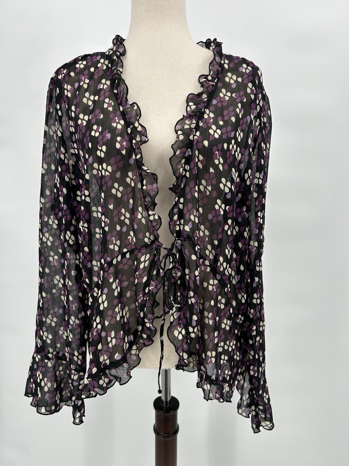 Vintage Y2K Studio 1940 Sheer Whimsigoth Ruffle Tie Front Top Sz L Fairy Flowy