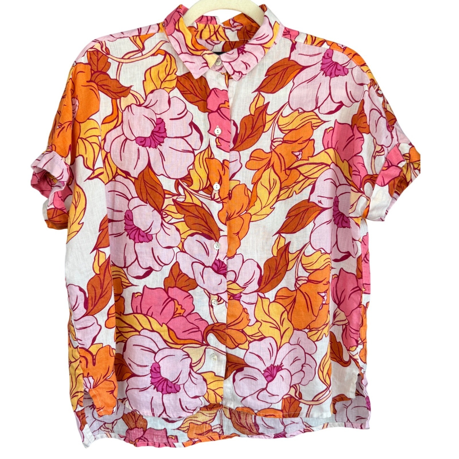 A4 Rachel Rachel Roy Shirt 100% Linen Boxy Retro Floral Print Short Sleeve Top