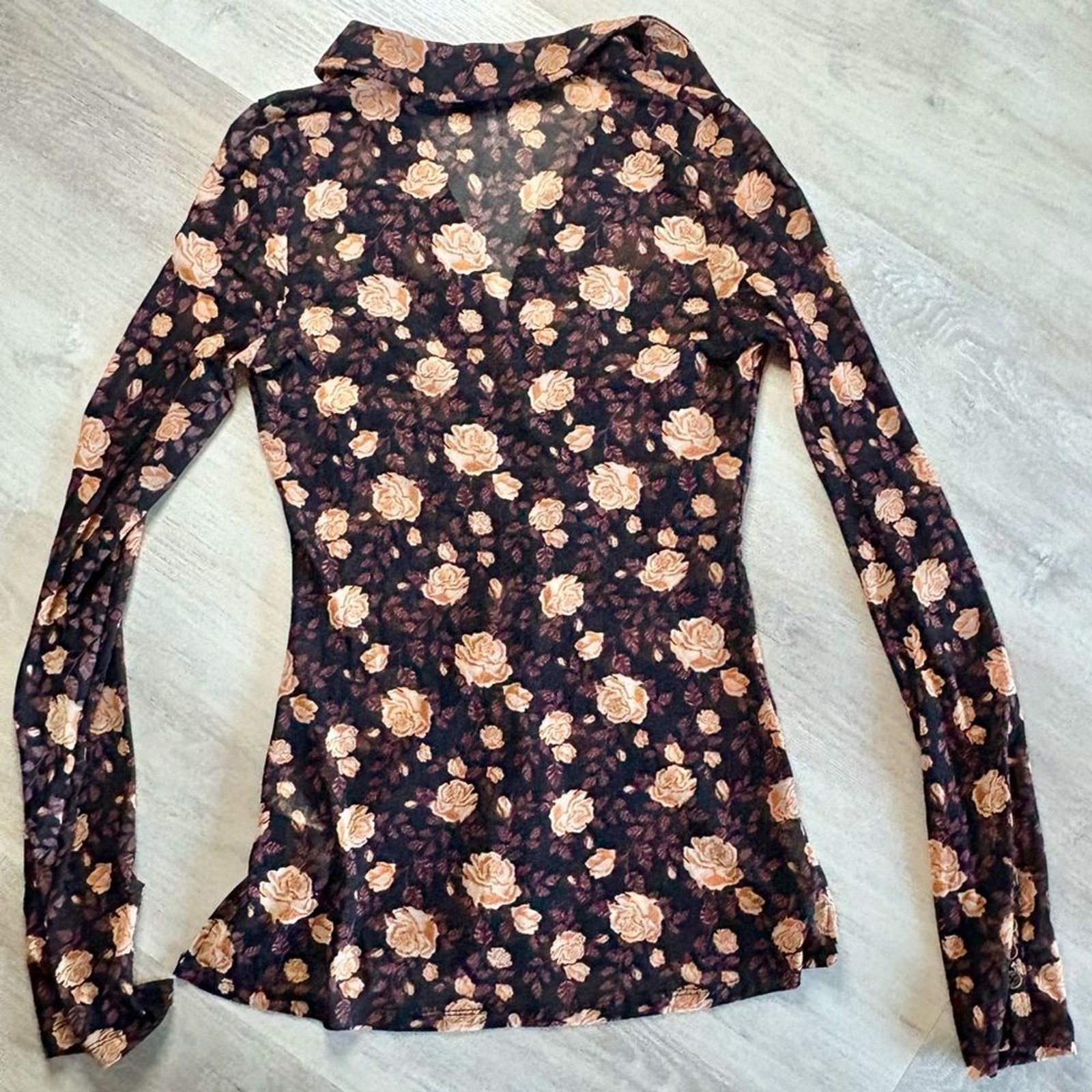 Free People Lucky Shirtee Black Tan Brown & Purple Sheer Mesh Layering Top Sz S