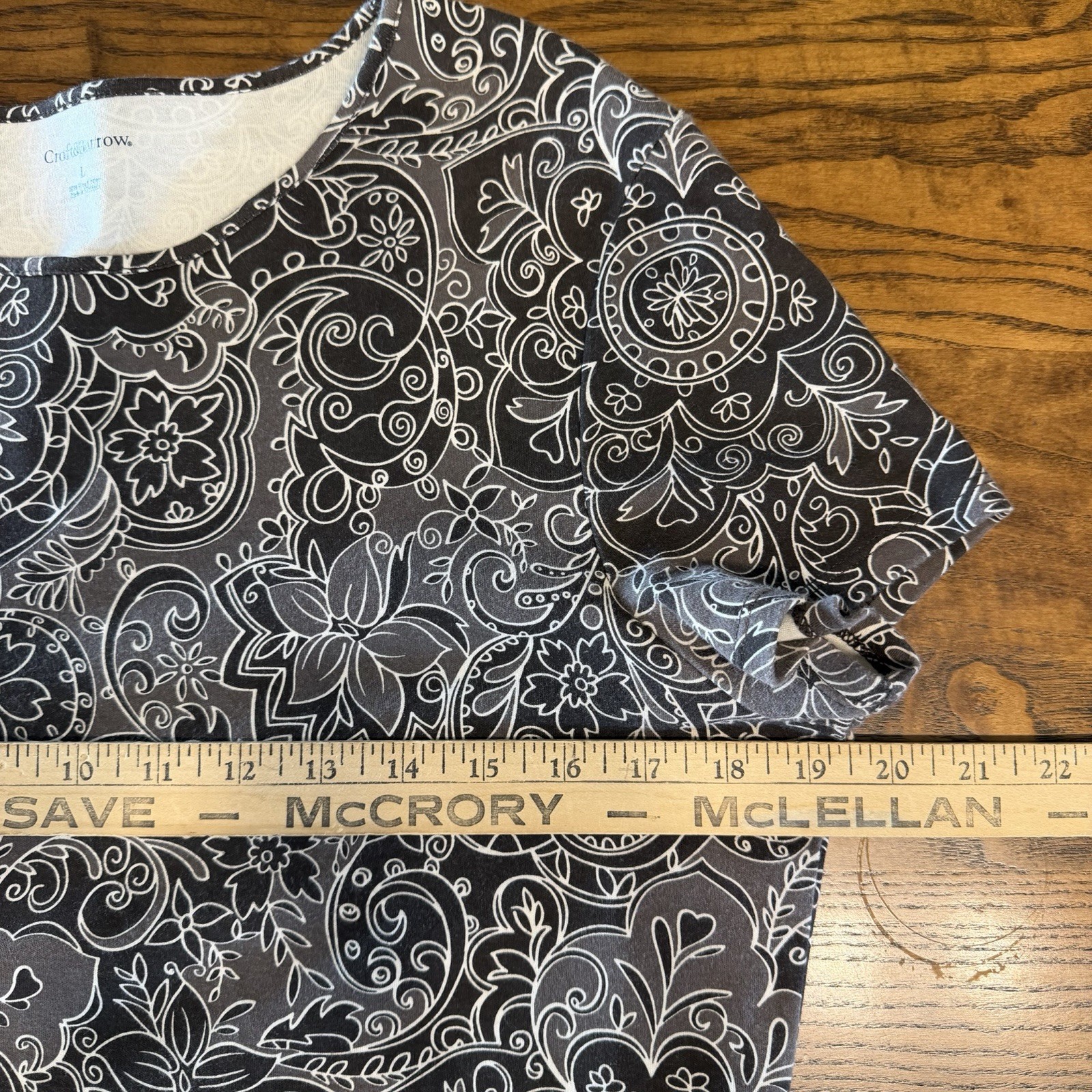 Croft&Barrow Women Brown Paisley Damask Print Short Sleeve 100% Cotton Shirt L