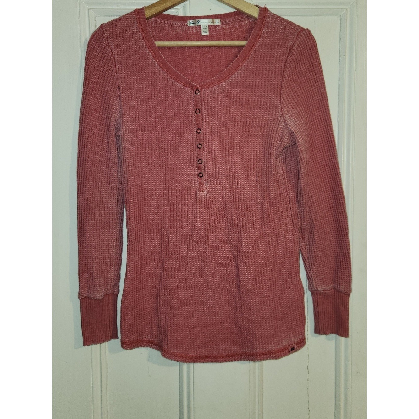 Seven7 Women Rose Pink Waffle Knit Thermal Henley Long Sleeve Top Small