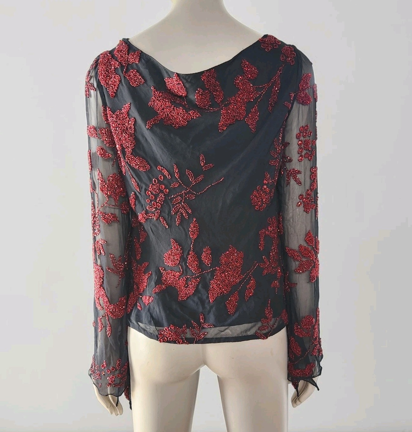 Marina Bresler Silk Beaded Drape Neck Bell Sleeve Top M Black Red Goth Boho Y2K