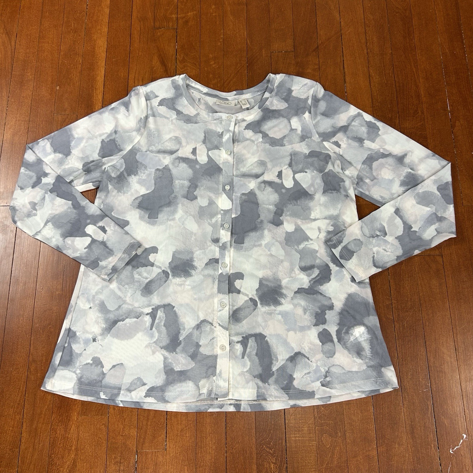 LOGO Lori Goldstein Gray Printed Button Down Top Blouse Size L Watercolor Mesh