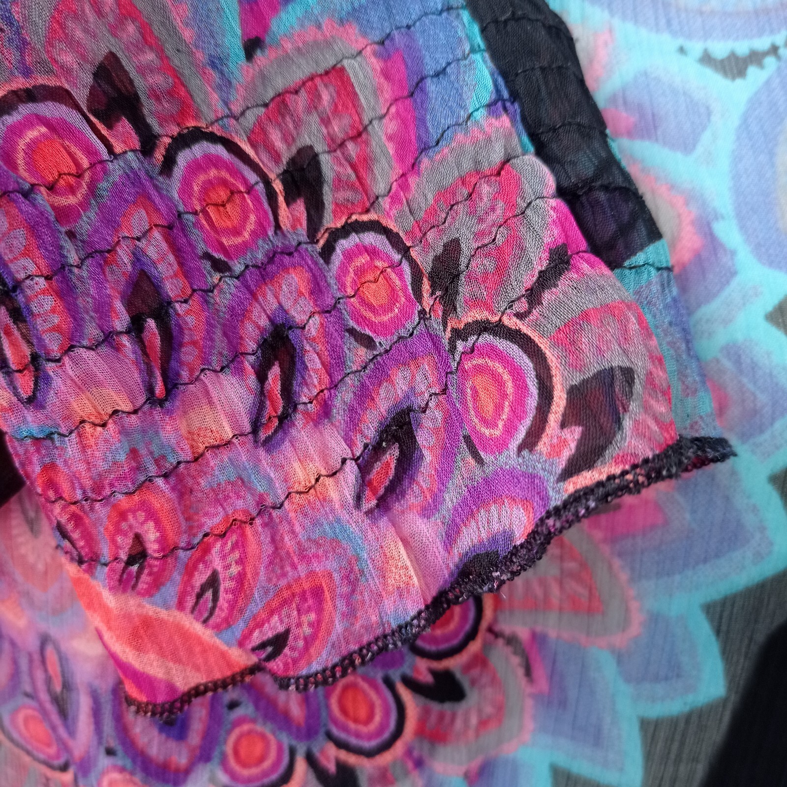 Desigual Women’s Black Sheer Chiffon Blouse M – Mandala Print Long Sleeve