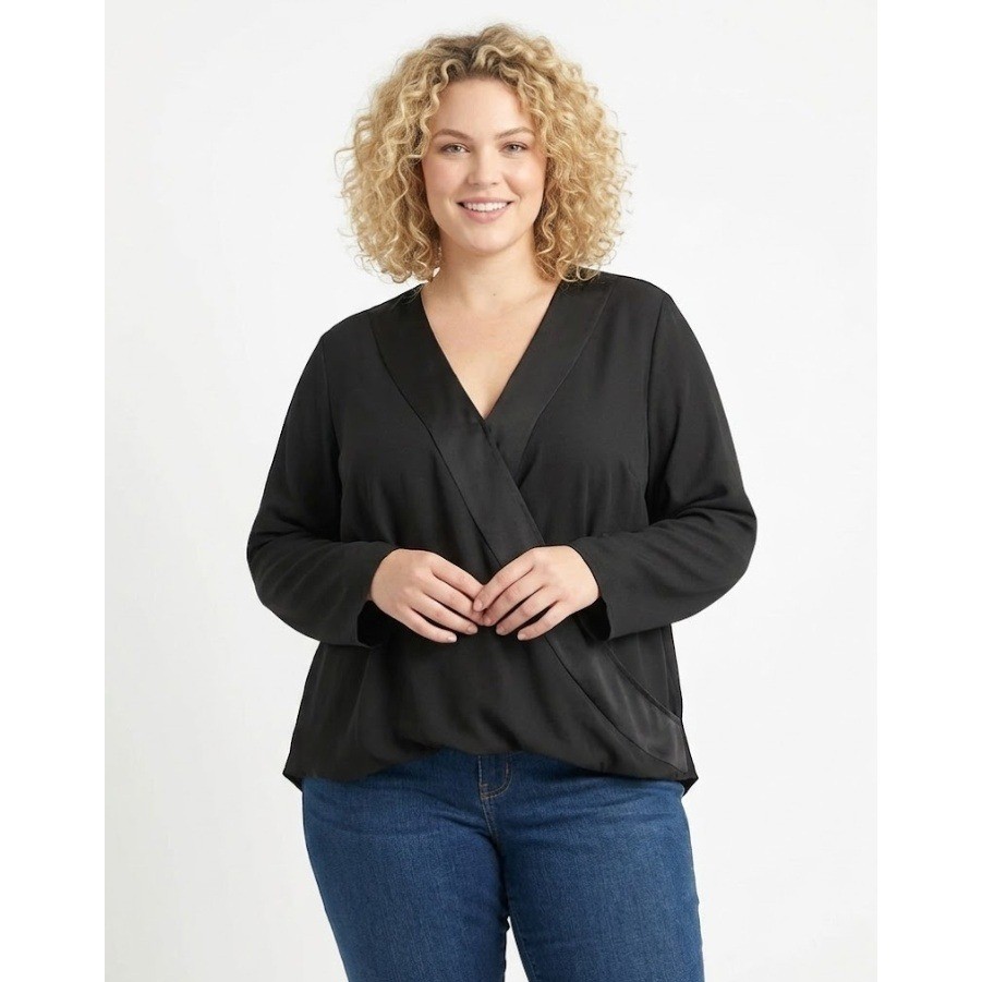 Eloquii size 22 Black Long Sleeve Wrap Relaxed Elegant Blouse Office Minimalist