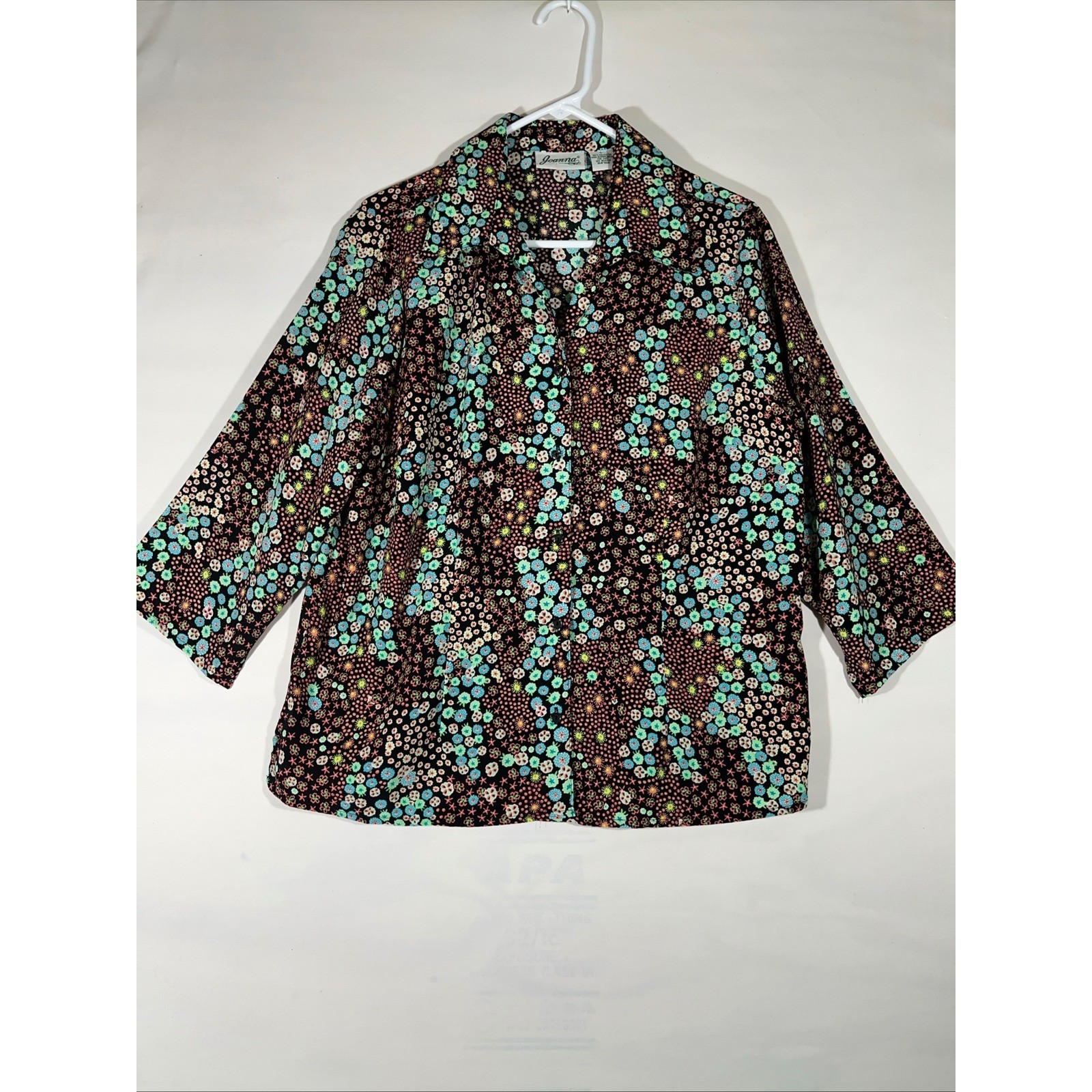 Joanna Womens Floral Print 3/4 Sleeve Collared Top Button Up Black Multi Color L
