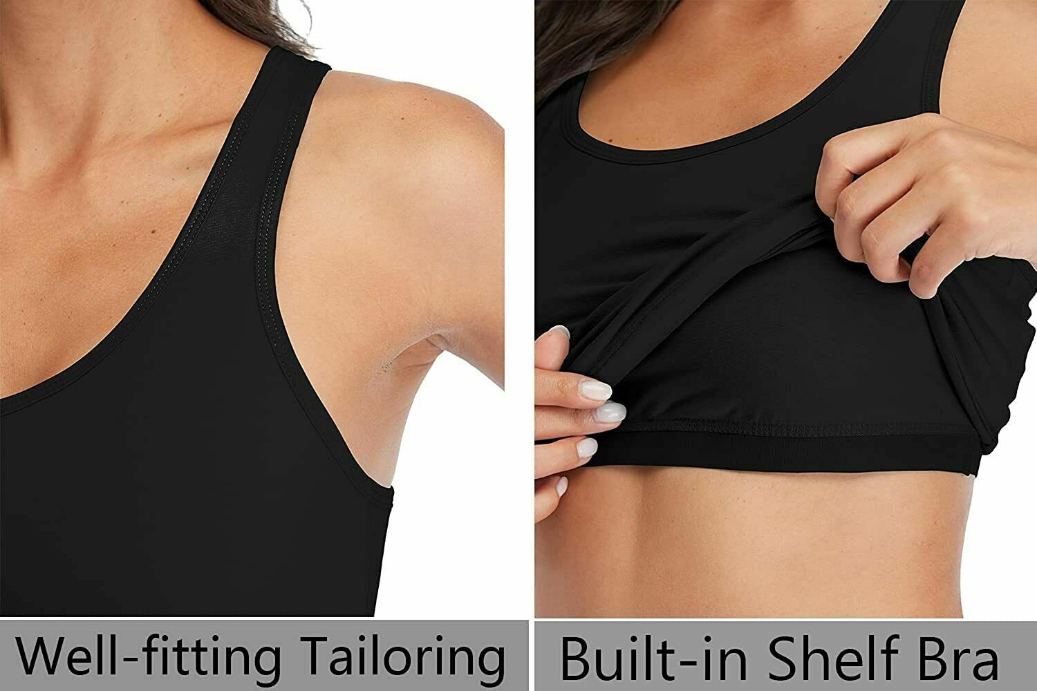 Women’s Basic Solid Scoop Neck Racerback Tank Top With Built in Shelf Bra Shirt