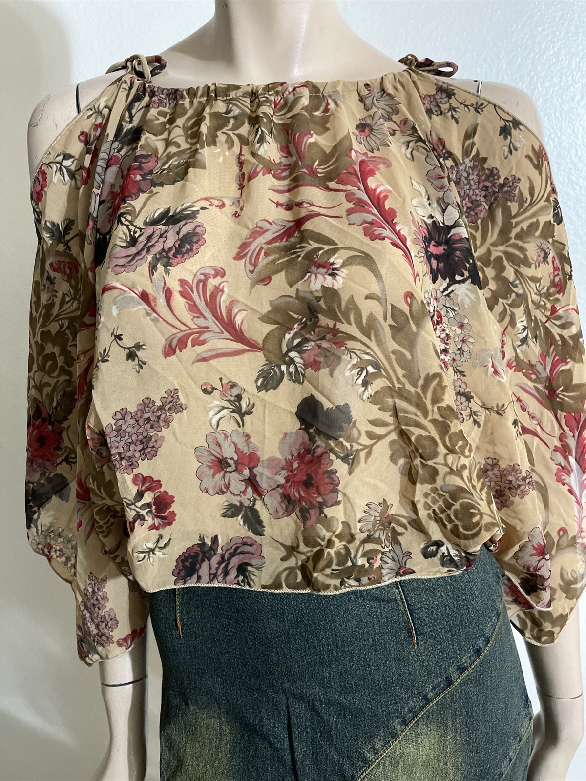 Women’s Brown Floral Polyester Casual Oversize Tie Slits Size S Blouse Top