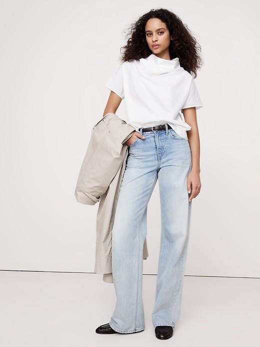Nwt Banana Republic Cotton Poplin Funnel Neck Top Petite Small White