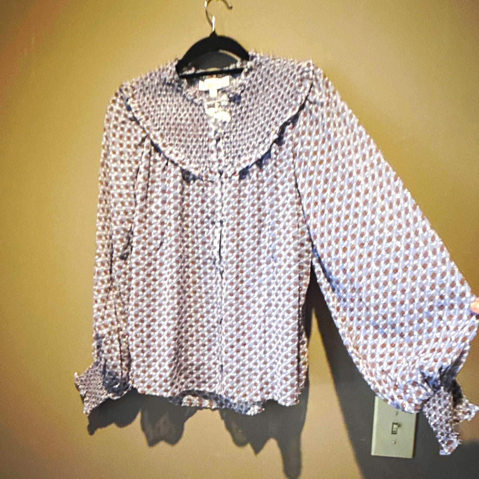 KIRLIE Blue Brown White Geometric Round Neck Smocked Ruffle Button Blouse S
