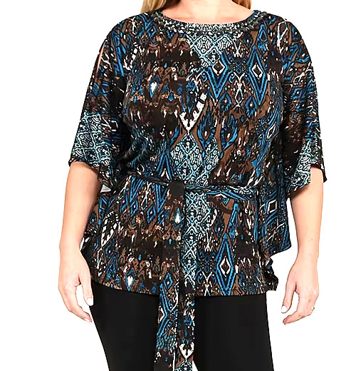 Tamsy Blue Abstract Kaftan Sleeve Blouse Neck Front Rhinestone Embellishment XL