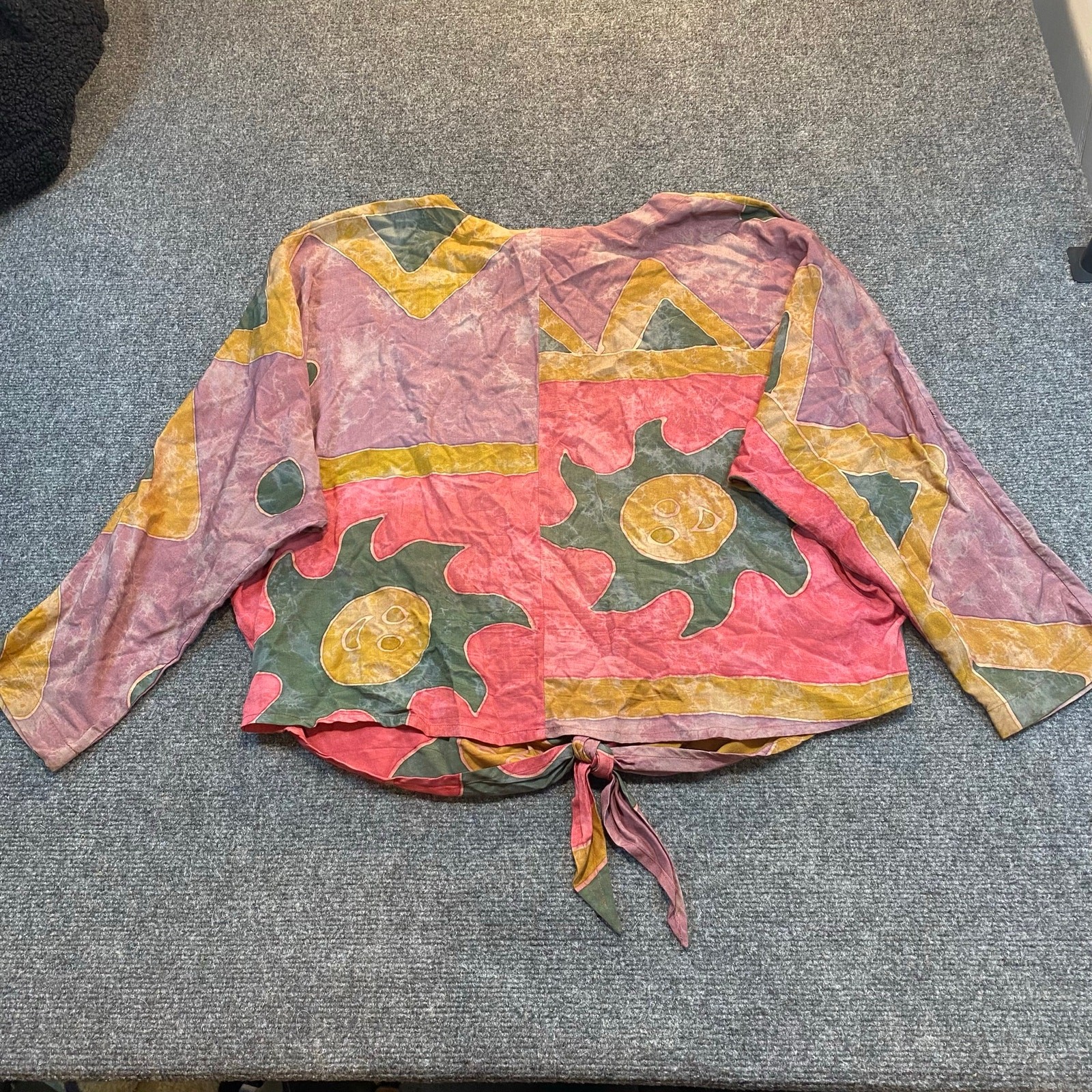 Asian Nations Colorful Boho Geometric Print Tie Front Long Sleeve Blouse Medium