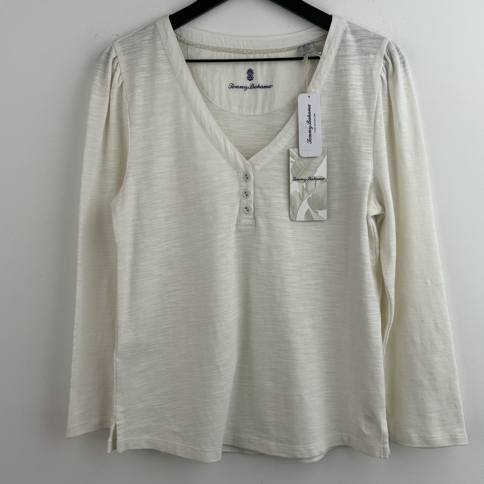 Tommy Bahama Ashby Isles Placket Puff Women’s M Ivory Coconut Henley Top NWT