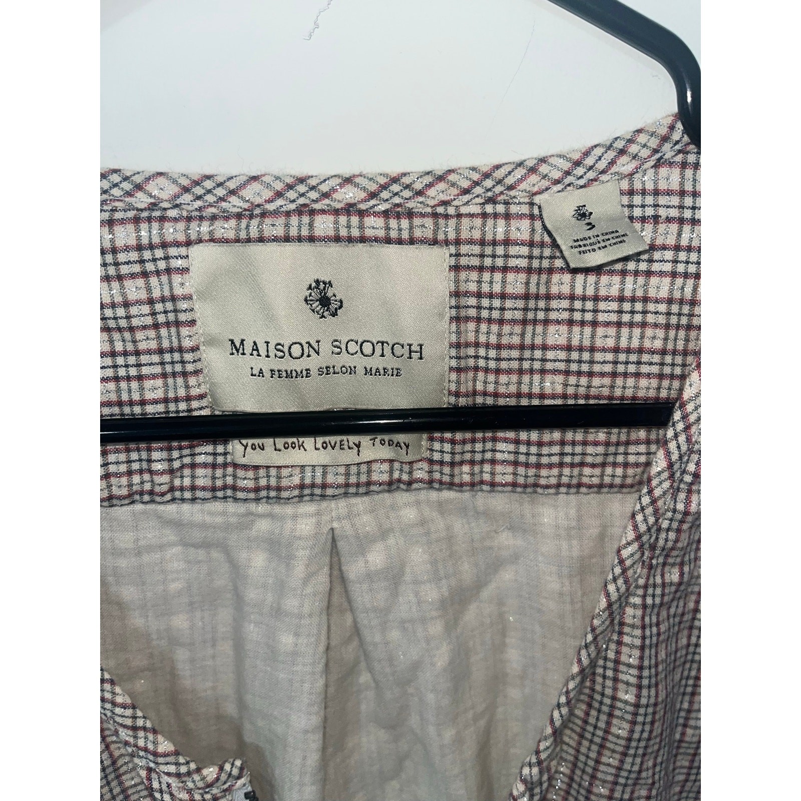 Madison Scotch Quarter Zip Neutral Plaid Cotton Top Sz 3