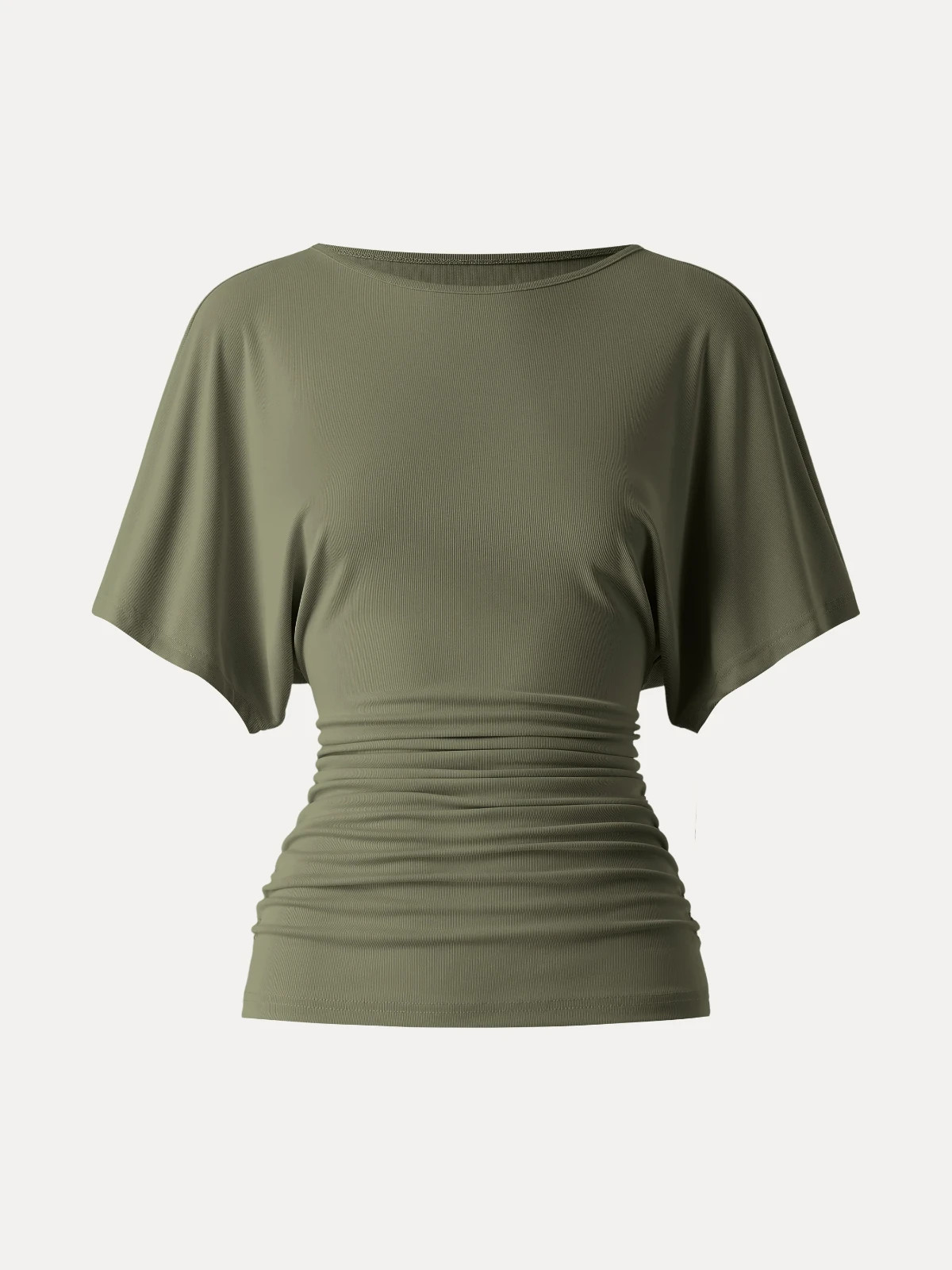 Women’s Boat Neck Batwing Sleeve Ruched Casual Blouse Stretch Top, Olive