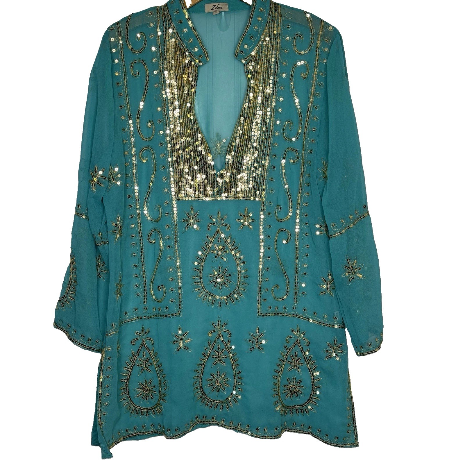 Zolena Tunic Top Cover Up Sheer Beaded Turquoise LG India Resort Boho Cruise