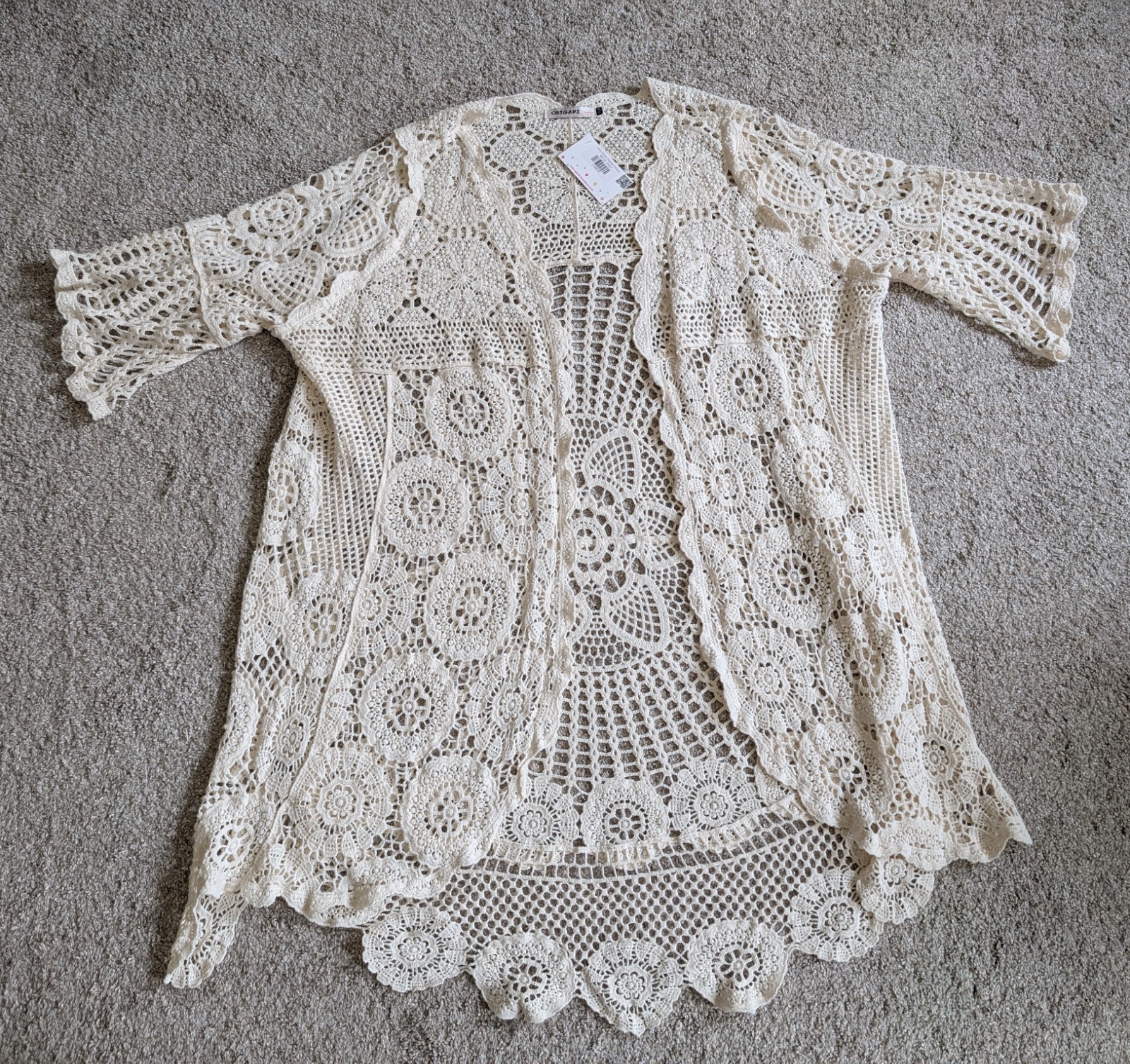 Crochet kimono duster cardigan ivory boho festival Origami by Vivien plus 2X 3X