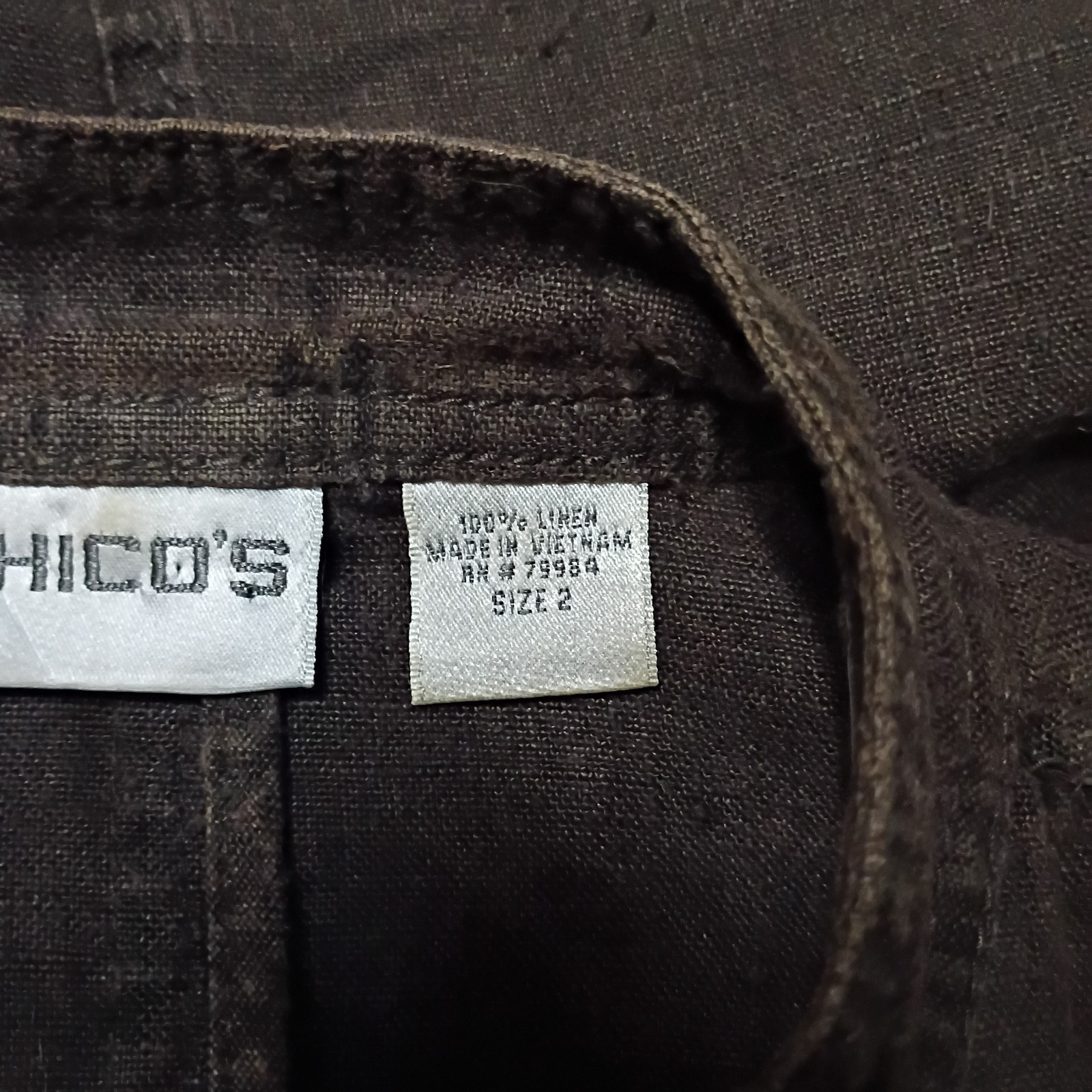 Chico’s 100% Linen Brown Shirt Jacket Blouse Coconut Shell Buttons Size 2 Large