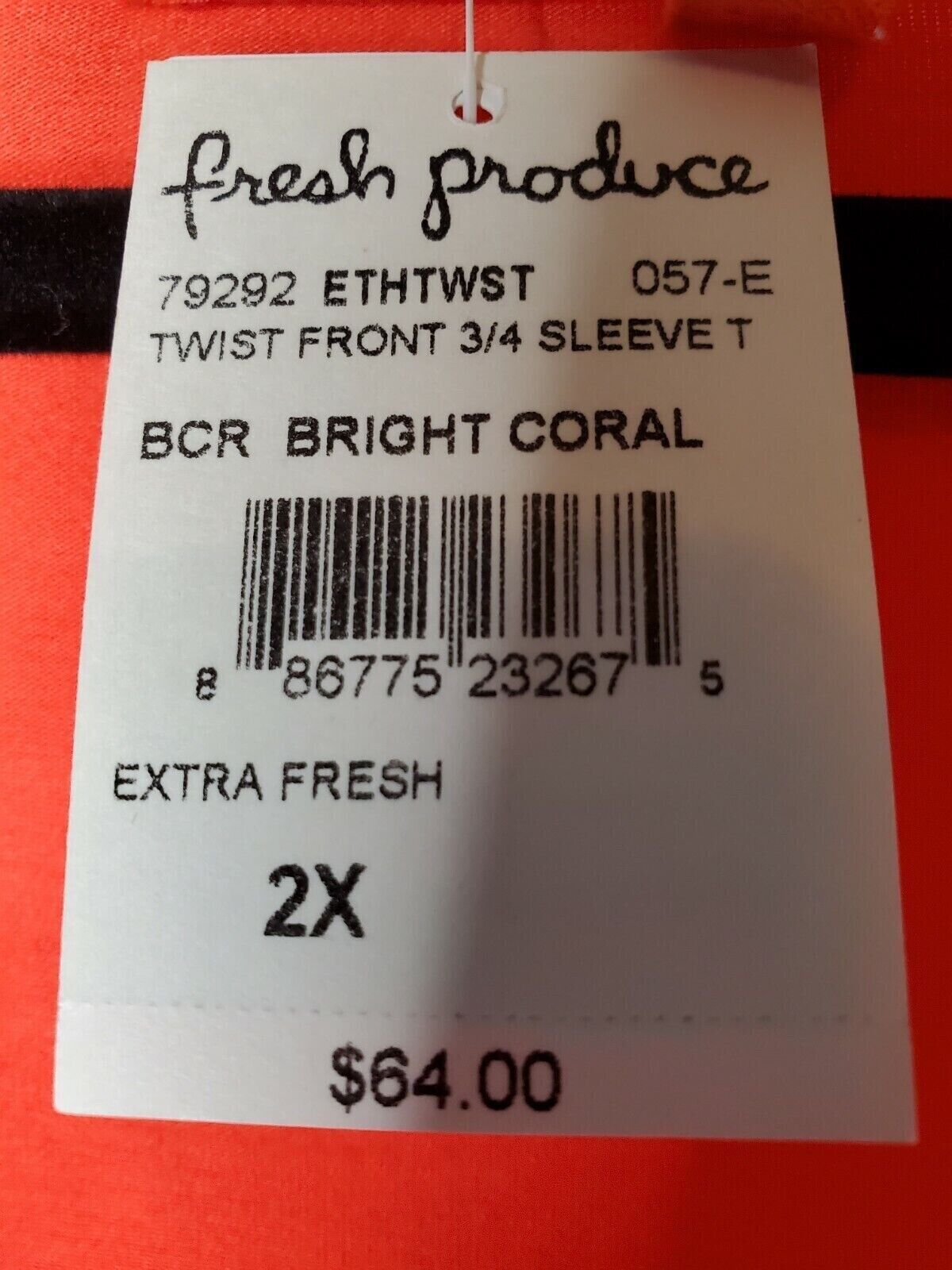 NWT Fresh Produce Twist Front 3/4 Sleeve Bright Coral 2X