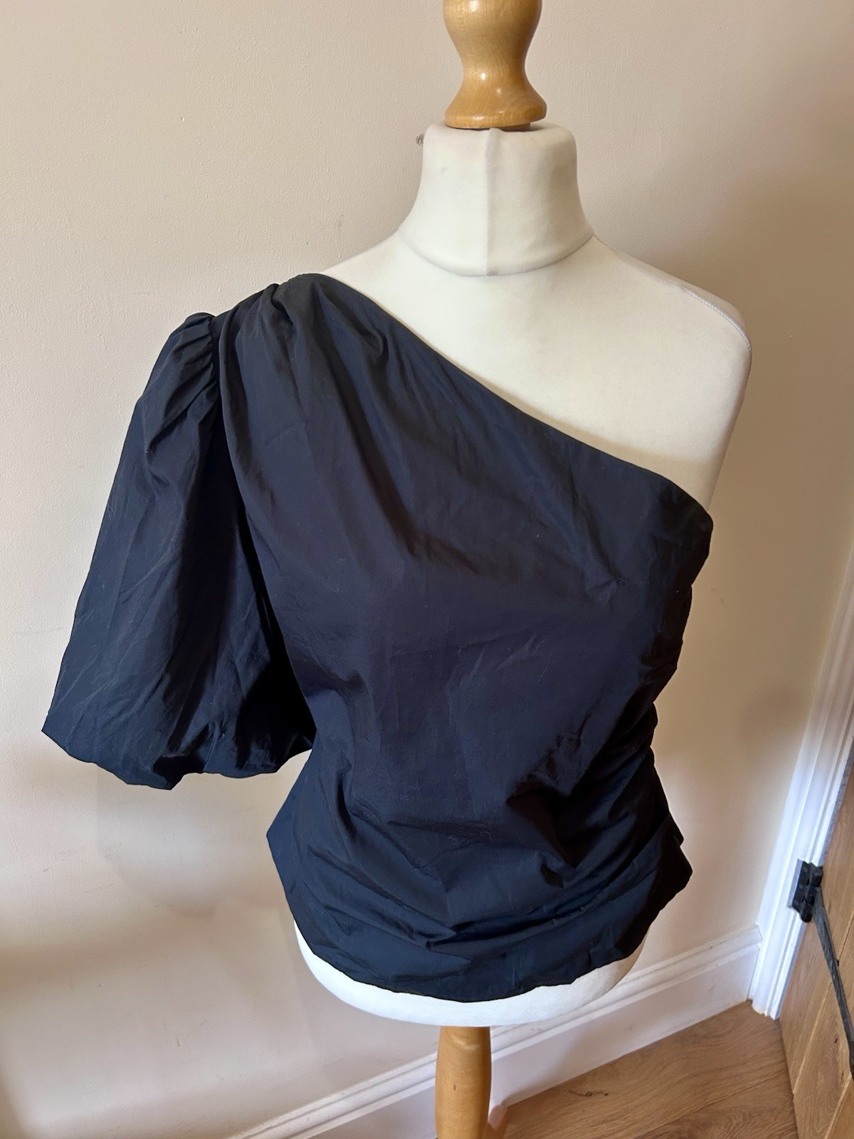 Marks And Spencer Cotton One Shoulder Puff Sleeve Top Black Size 14