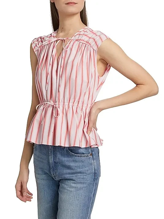 NWT Derek Lam 10 Crosby Caroline Tie Cotton Poplin Stripe Top M 6 8 $295 Coral