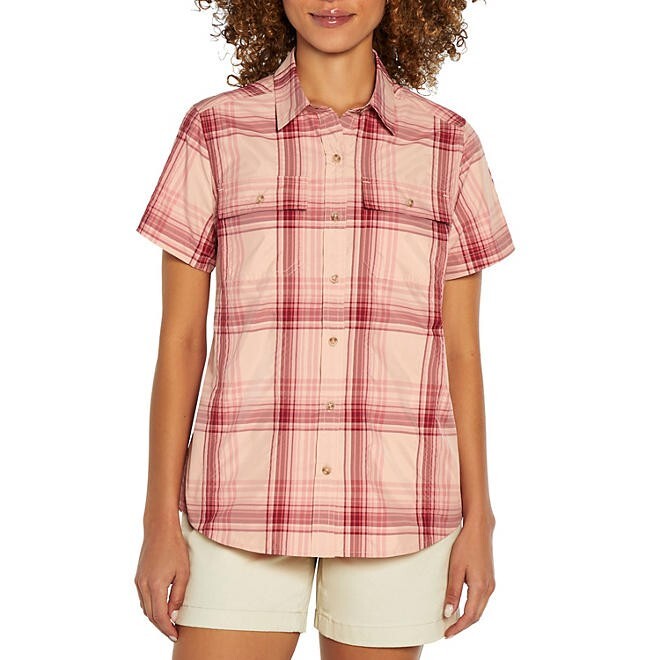 Eddie Bauer Ladies Short Sleeve Adventure Top Size M Peach Starling Plaid
