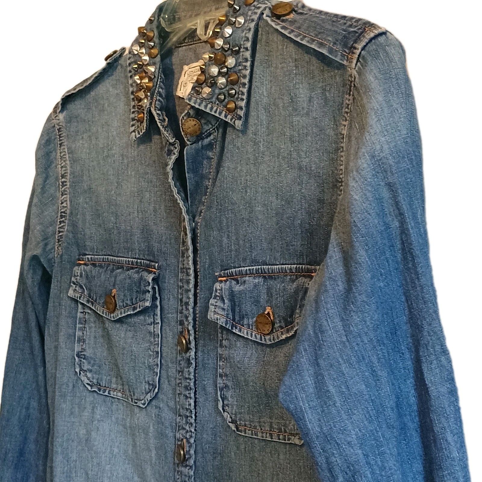 CURRENT/ELLIOTT STUDDED BLUE DENIM JEAN “The Perfect Shirt” SIZE 1 MSRP $215