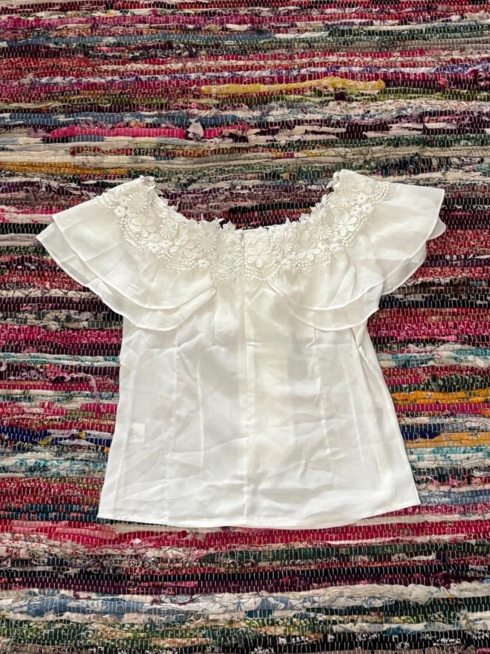 YQF White Off-Shoulder Sheer Lace Flutter Sleeve Bow Ruffle Blouse, Women’s L
