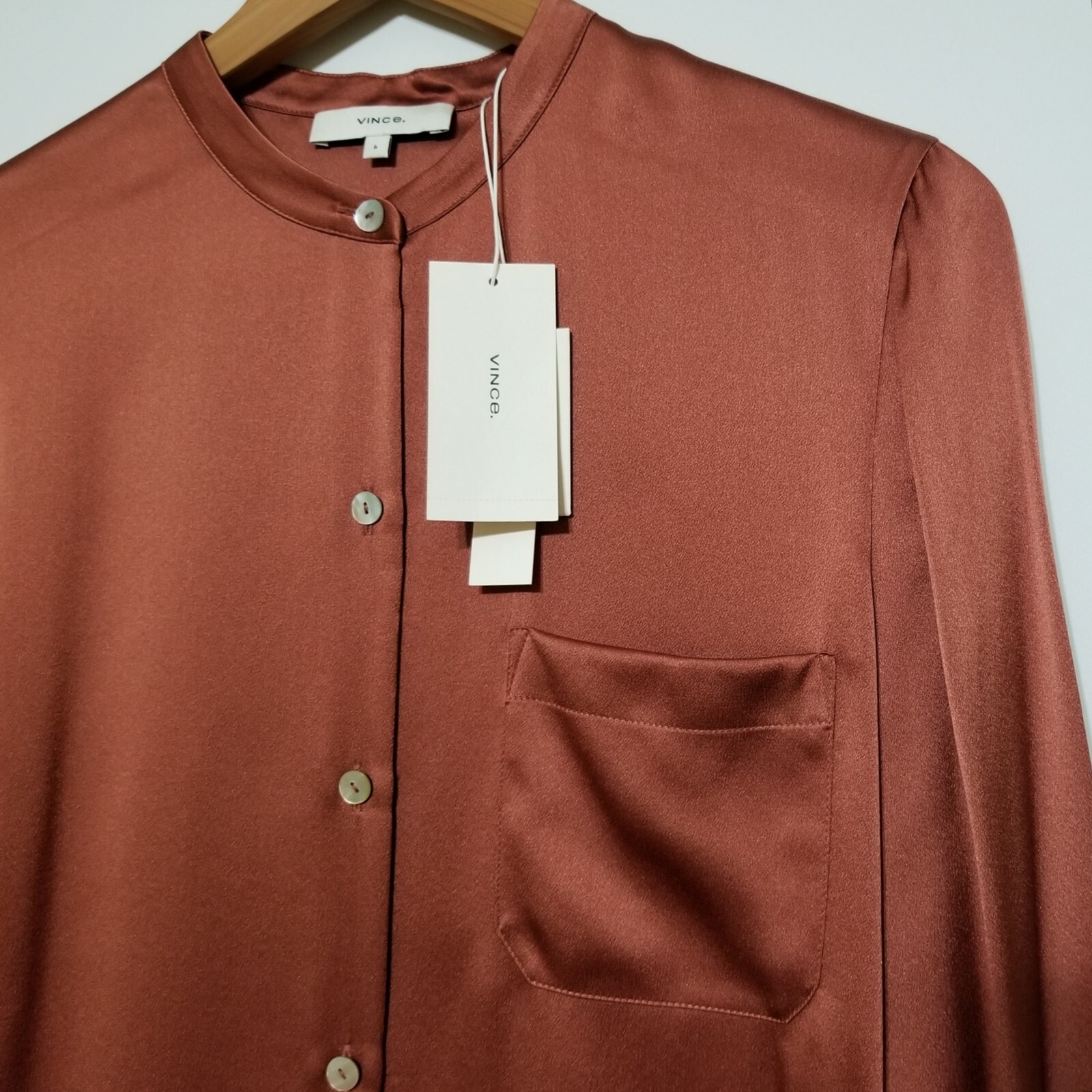 NWT Vince Slim Satin Band Collar Silk Blouse in Rosewood Size 0,2,4,6,8 $295