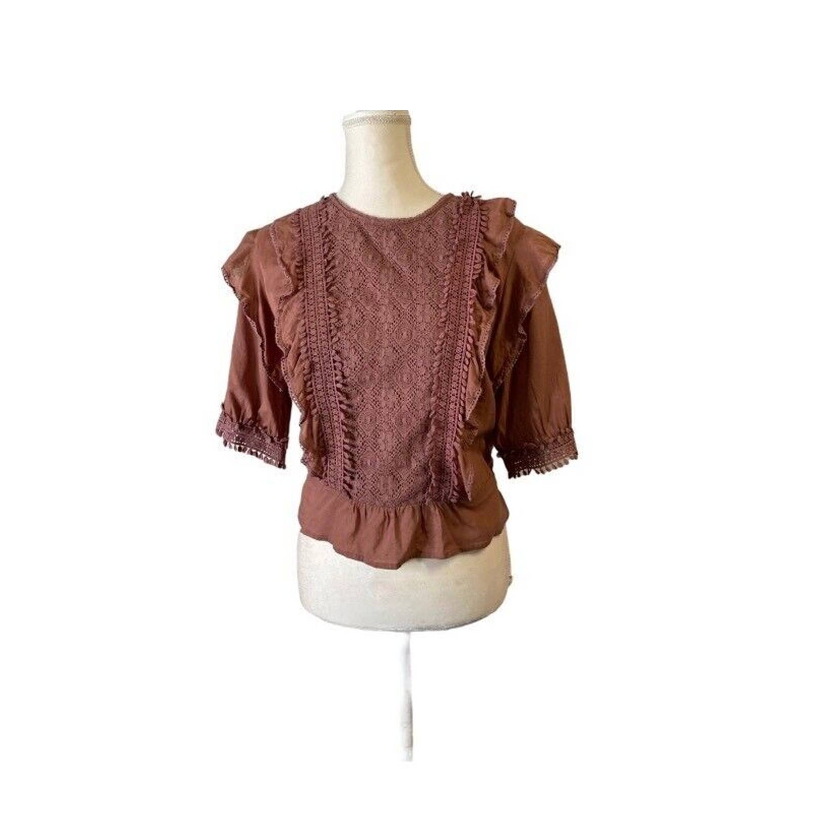 Love Sam Lace & Ruffle Trimmed Scoop Neck top pink rosewood sz medium