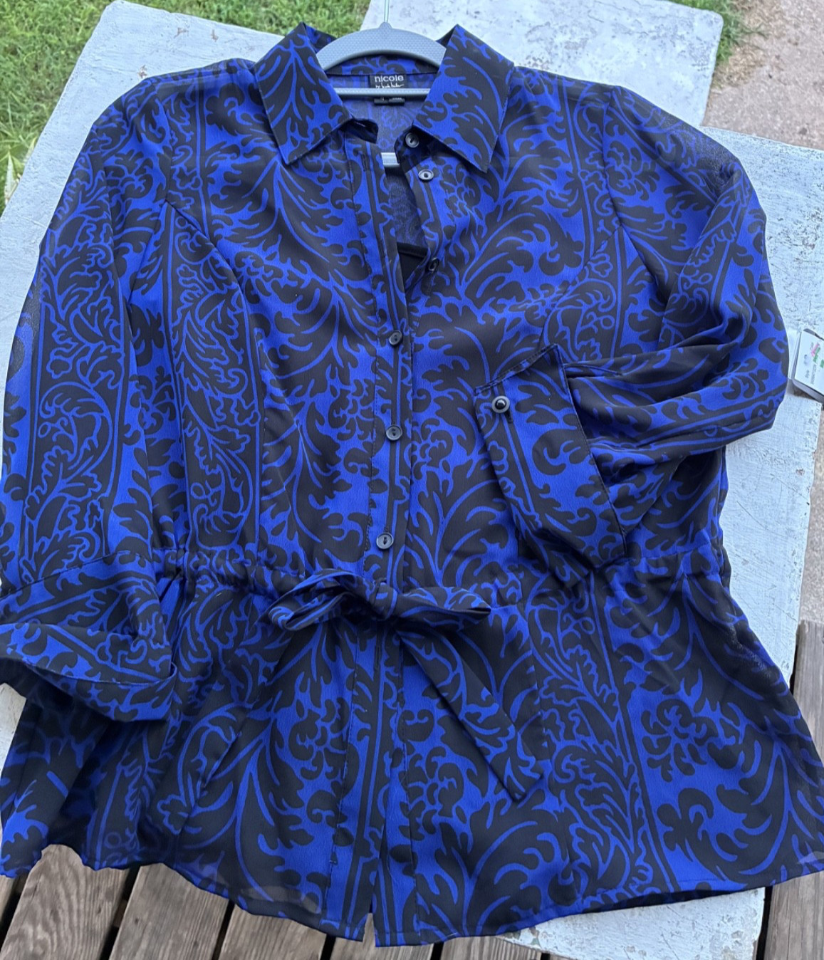Nicole Miller Blouse Blue&Black Sheer w/Camisole Long Sleeves Button Up NWT