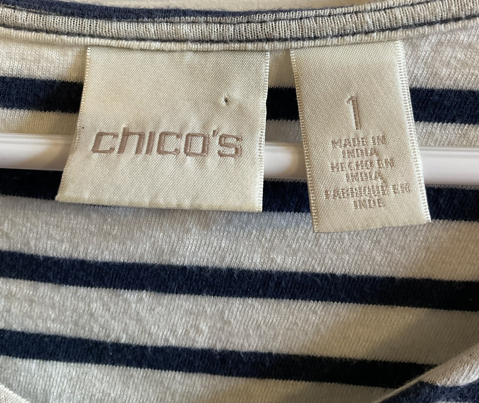 NWOT Chicos 3/4 Sleeve Striped Front Blue Cream Tunic Tee Size 1 Medium