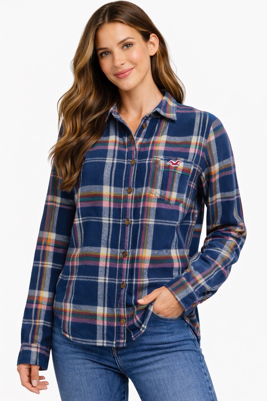 Hollister Women’s L Blue Plaid Flannel Button Up Shirt 100% Cotton Logo Pocket